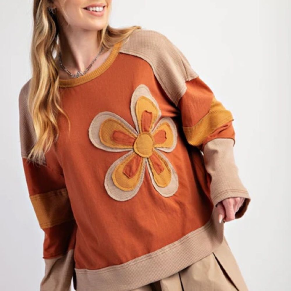 Easel Set Rust Orange color block Flower patch Sweatshirt coordinating shorts